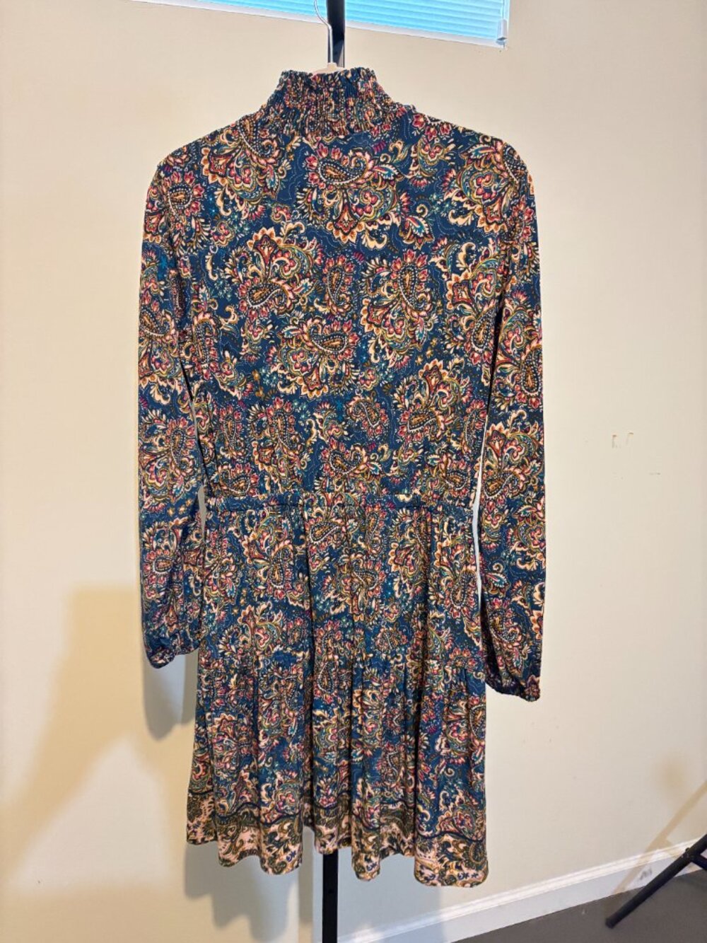 Leota Teal Blue Paisley Smocked Ruffle Neck Long Sleeve Tiered Dress - Picture 12 of 12